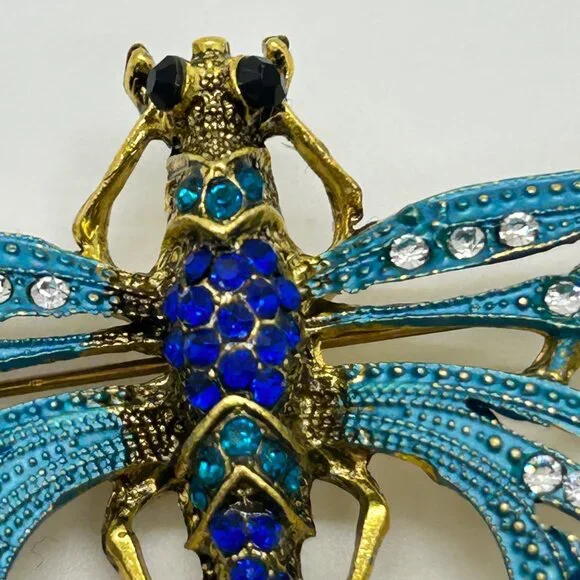 Dragonfly Brooch Articulated Tail Blue Teal Rhinestones Statement 5 inch wide - Picture 5 of 16